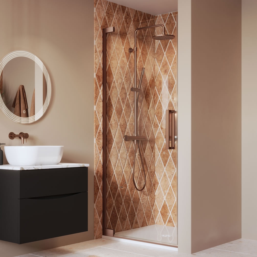 Lifestyle image of Crosswater Asura 8 Brushed Bronze 800mm Hinged Shower Door